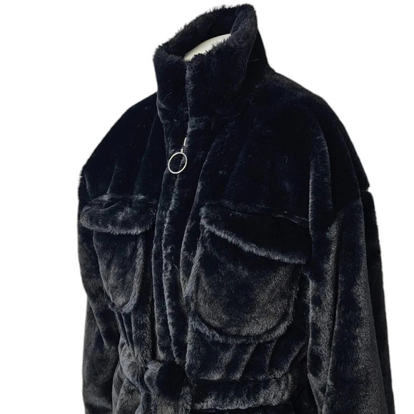 Forever 21 Fluffy Faux Fur Tie Waist Wide Sleeve Zip Up Jacket Black Size Small - Picture 5 of 7